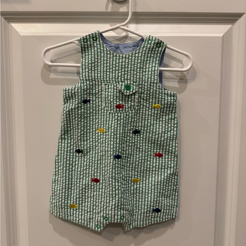 Little Me Green Striped Romper with Colorful Embroidery